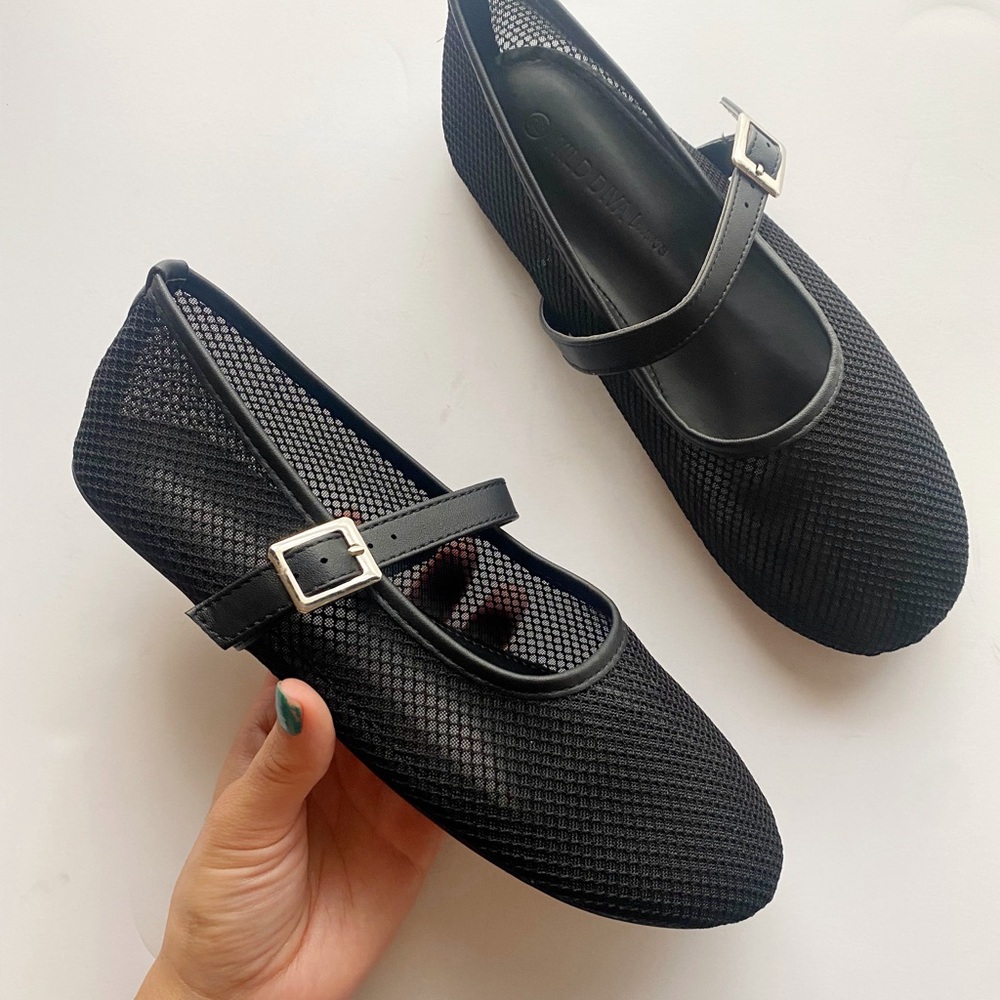 NIB Black Mesh Mary Jane Ballerina Flats